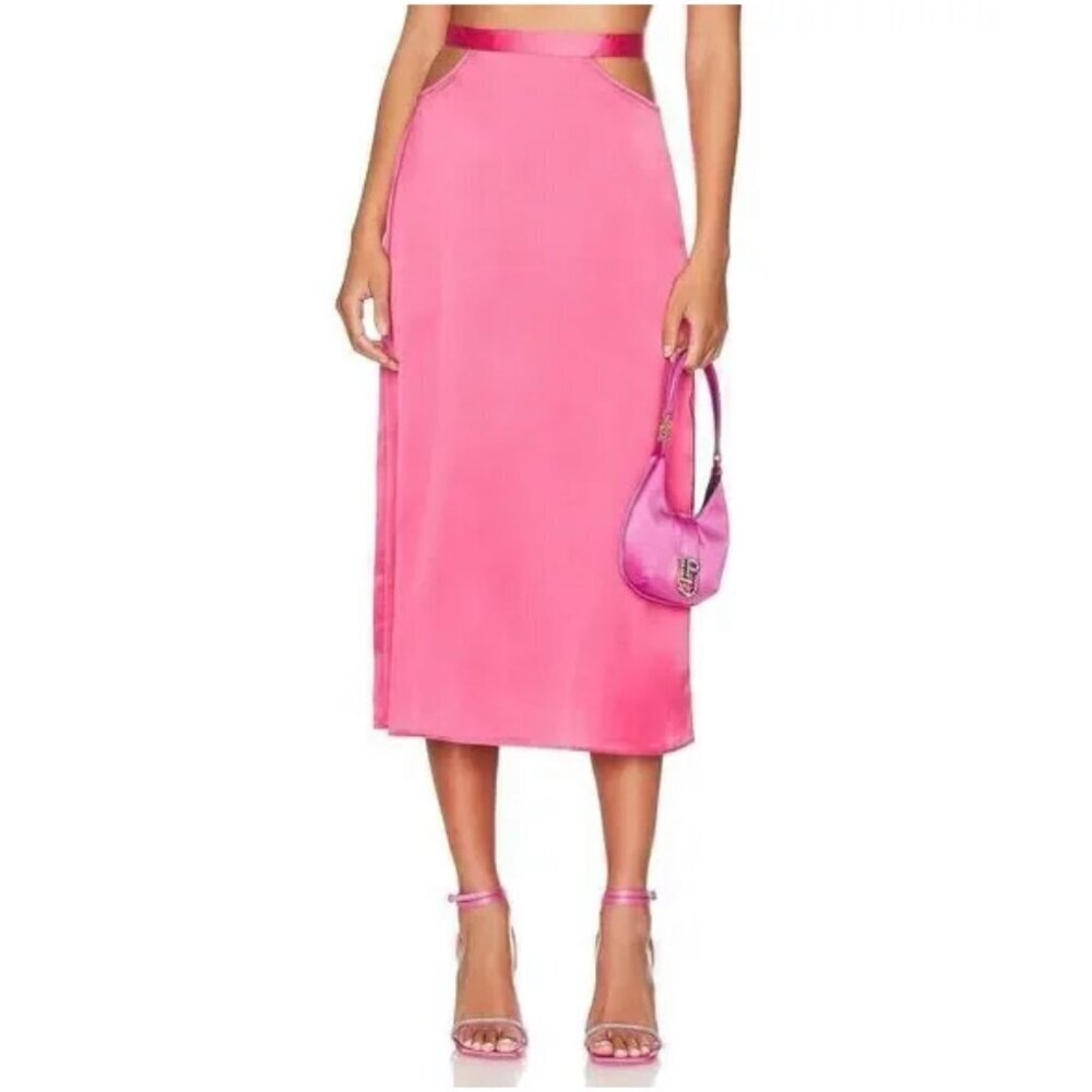 Cutout Satin Charmeuse L Midi Skirt Hot Pink Side Slits Waist Tie By WeWoreWhat - Picture 2 of 6